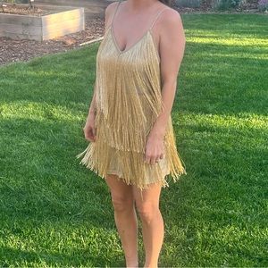 NWT FashionNova Speak Easy Fringe Mini Dress - Gold